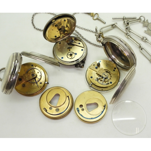 9009 - Three silver cased pocket watches. A John Forrest full hunter with a 30cm silver decorative fob chai... 