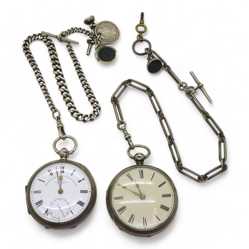 9010 - Two silver pocket watches and chains.  John Richards of London open face pocket watch hallmarked Che... 