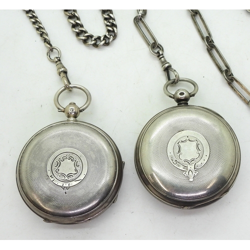 9010 - Two silver pocket watches and chains.  John Richards of London open face pocket watch hallmarked Che... 