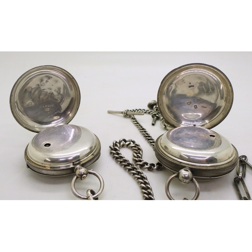 9010 - Two silver pocket watches and chains.  John Richards of London open face pocket watch hallmarked Che... 