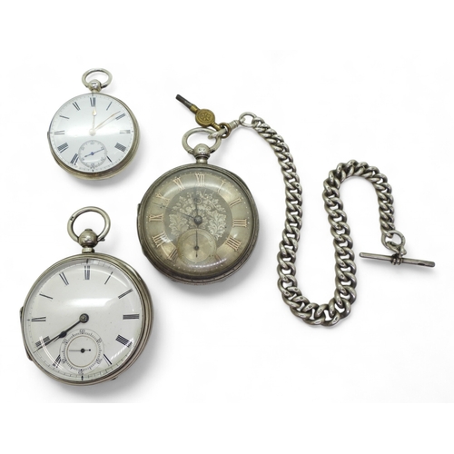 9011 - Three silver pocket watches and a silver tapered fob chain.A Joseph Johnson of Liverpool pocket watc... 