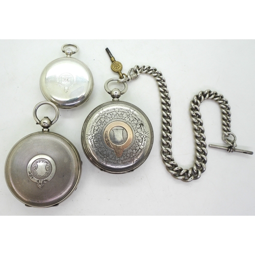 9011 - Three silver pocket watches and a silver tapered fob chain.A Joseph Johnson of Liverpool pocket watc... 