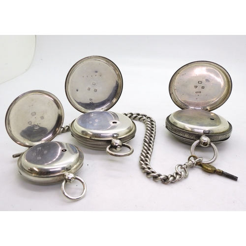 9011 - Three silver pocket watches and a silver tapered fob chain.A Joseph Johnson of Liverpool pocket watc... 