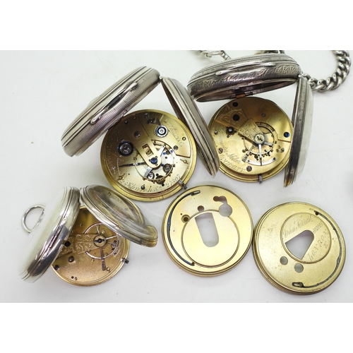 9011 - Three silver pocket watches and a silver tapered fob chain.A Joseph Johnson of Liverpool pocket watc... 