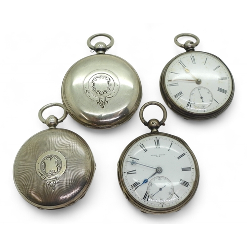 9012 - Four silver pocket watches, a full hunter branded John Elkan of Liverpool St. London, hallmarke... 