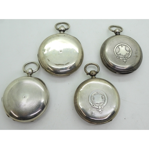 9012 - Four silver pocket watches, a full hunter branded John Elkan of Liverpool St. London, hallmarke... 