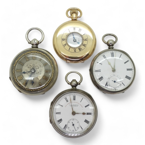 9013 - Four pocket watches, a gold plated half hunter, with 15 jewel Swiss movement, diameter 5cm. Three si... 