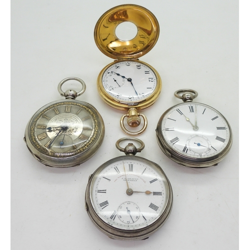 9013 - Four pocket watches, a gold plated half hunter, with 15 jewel Swiss movement, diameter 5cm. Three si... 