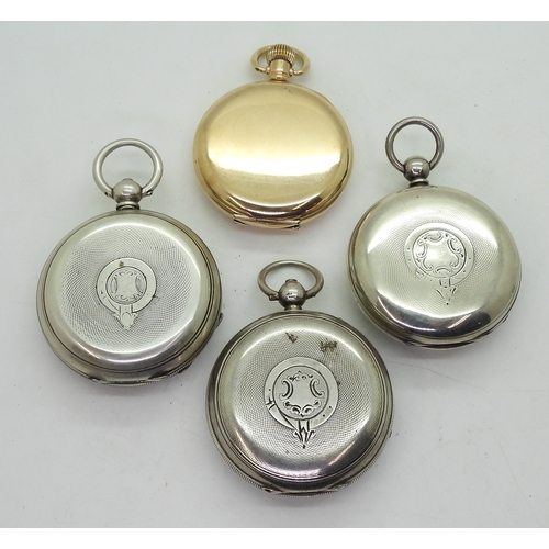 9013 - Four pocket watches, a gold plated half hunter, with 15 jewel Swiss movement, diameter 5cm. Three si... 