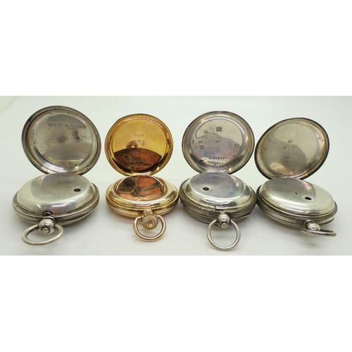 9013 - Four pocket watches, a gold plated half hunter, with 15 jewel Swiss movement, diameter 5cm. Three si... 