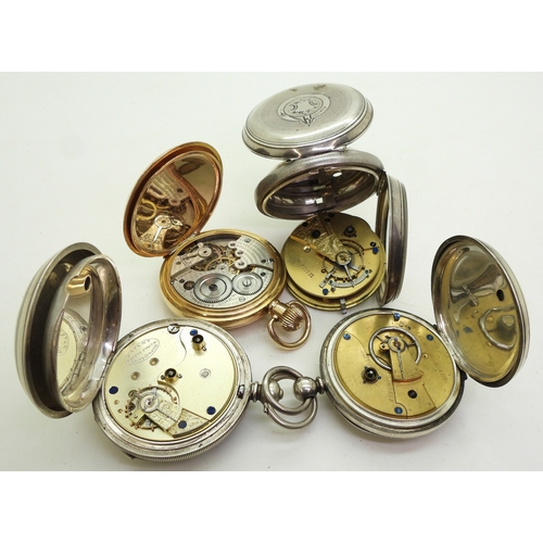 9013 - Four pocket watches, a gold plated half hunter, with 15 jewel Swiss movement, diameter 5cm. Three si... 