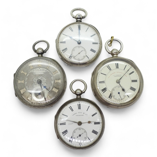 9014 - Four silver open face pocket watches. A John Forrest with a decorative dial, with Chester hallmarks ... 