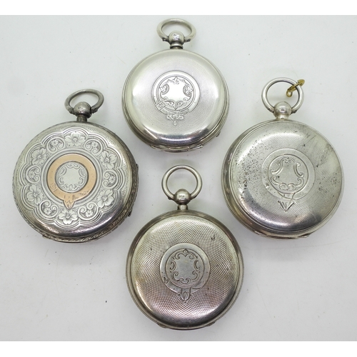 9014 - Four silver open face pocket watches. A John Forrest with a decorative dial, with Chester hallmarks ... 