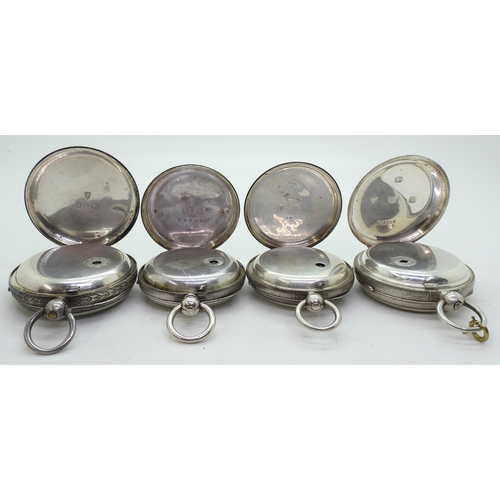 9014 - Four silver open face pocket watches. A John Forrest with a decorative dial, with Chester hallmarks ... 