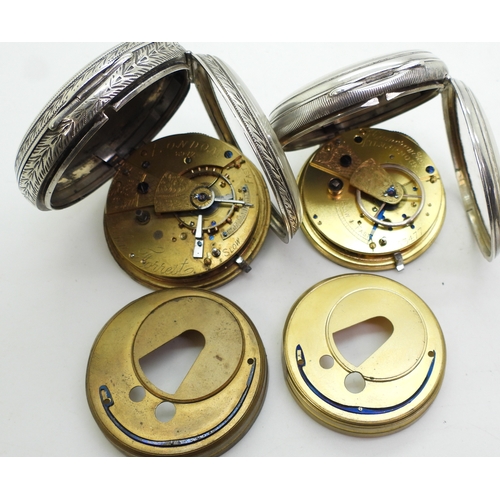 9014 - Four silver open face pocket watches. A John Forrest with a decorative dial, with Chester hallmarks ... 