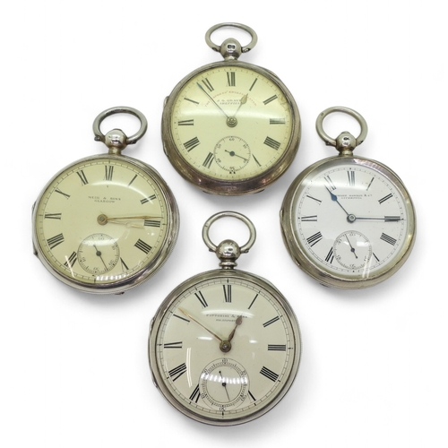 9015 - Four silver open face pocket watches. A Fattorini & Sons Bradford, with bevelled glass, hallmark... 