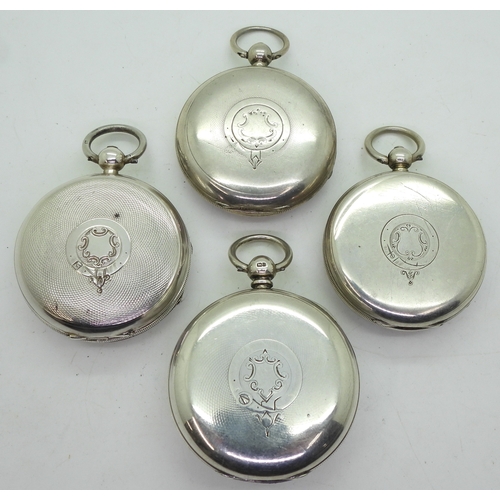 9015 - Four silver open face pocket watches. A Fattorini & Sons Bradford, with bevelled glass, hallmark... 