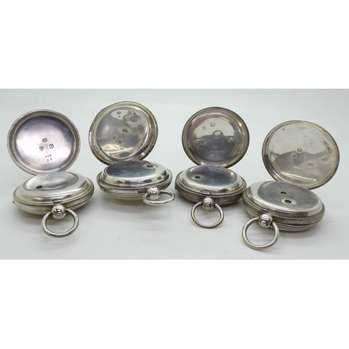 9015 - Four silver open face pocket watches. A Fattorini & Sons Bradford, with bevelled glass, hallmark... 