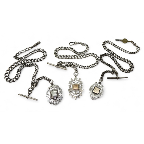 9016 - Three silver fob chains with attached medallions, all three hallmarked to every link, 'T' bars, clas... 