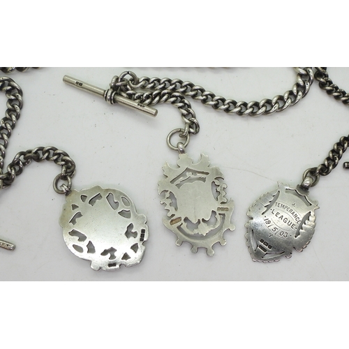 9016 - Three silver fob chains with attached medallions, all three hallmarked to every link, 'T' bars, clas... 