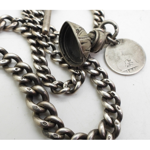 9019 - A white metal Albertina with shell pattern terminals, fancy chains and attached Victorian coins from... 