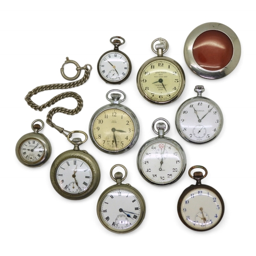 9020 - Eight base metal pocket watches, to include two gunmetal examples diameter 3.3cm, and 4.6cm, a Sphin... 