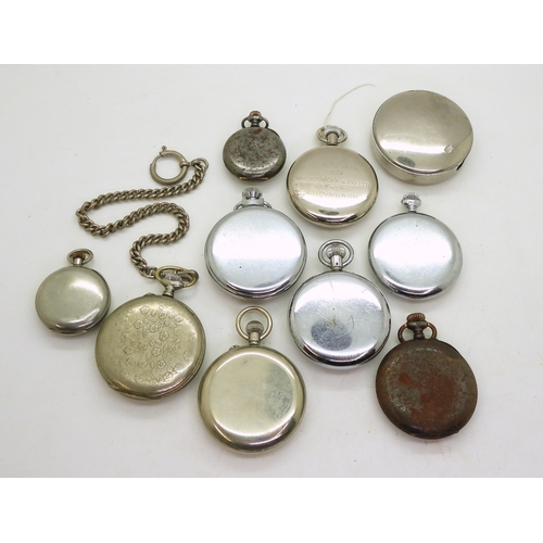 9020 - Eight base metal pocket watches, to include two gunmetal examples diameter 3.3cm, and 4.6cm, a Sphin... 