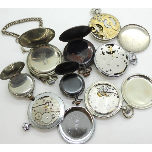 9020 - Eight base metal pocket watches, to include two gunmetal examples diameter 3.3cm, and 4.6cm, a Sphin... 