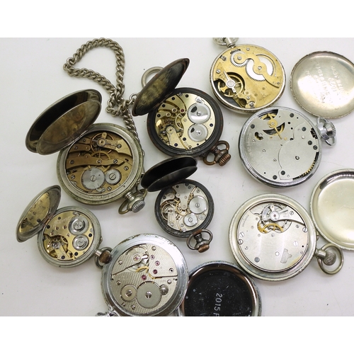 9020 - Eight base metal pocket watches, to include two gunmetal examples diameter 3.3cm, and 4.6cm, a Sphin... 