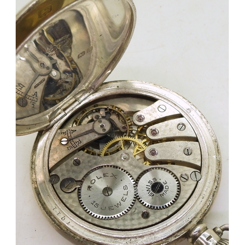 9021 - A silver cased Rolex pocket watch, hallmarked Birmingham 1925, movement signed Rolex 15 jewels, diam... 