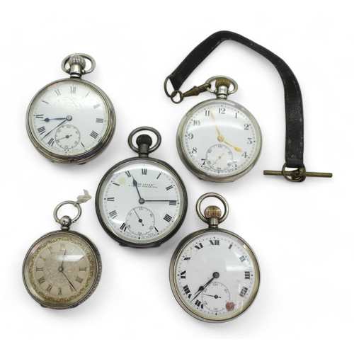 9022 - Five silver pocket watches, to include a continental silver open face pocket watch with a decorative... 