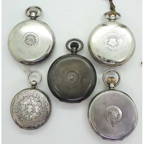 9022 - Five silver pocket watches, to include a continental silver open face pocket watch with a decorative... 