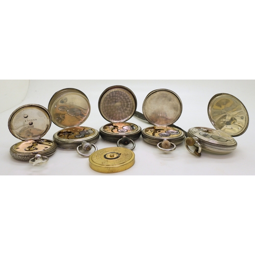 9022 - Five silver pocket watches, to include a continental silver open face pocket watch with a decorative... 