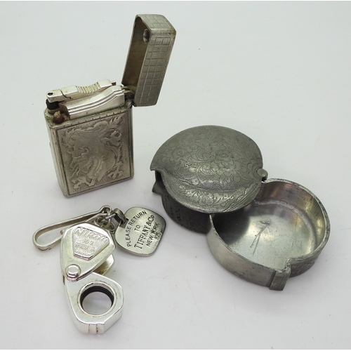 9034 - Twelve jewellers loopes, some in white metal and enamel an engraved peach shaped box and a lighter w... 