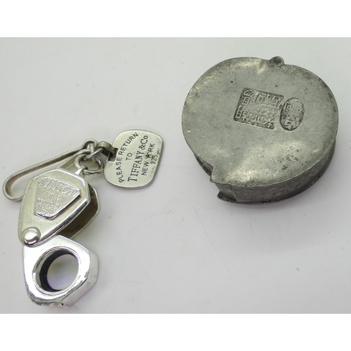 9034 - Twelve jewellers loopes, some in white metal and enamel an engraved peach shaped box and a lighter w... 