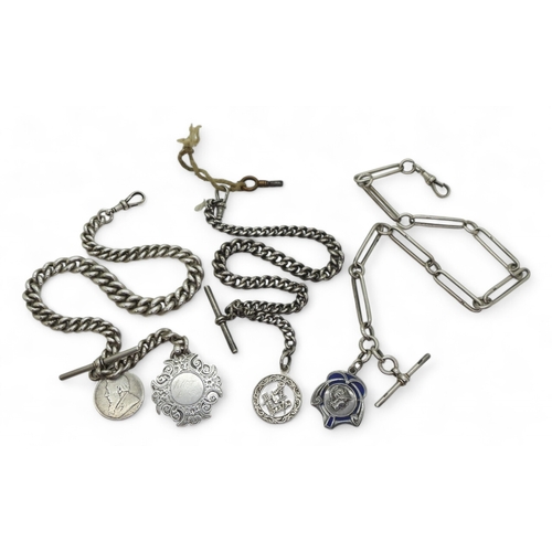 9038 - Three silver fob chains, all three hallmarked to every link, 'T' bars, clasps and medallions. Baton ... 