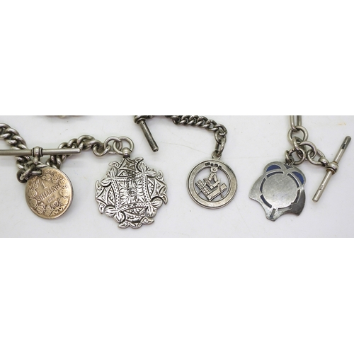 9038 - Three silver fob chains, all three hallmarked to every link, 'T' bars, clasps and medallions. Baton ... 