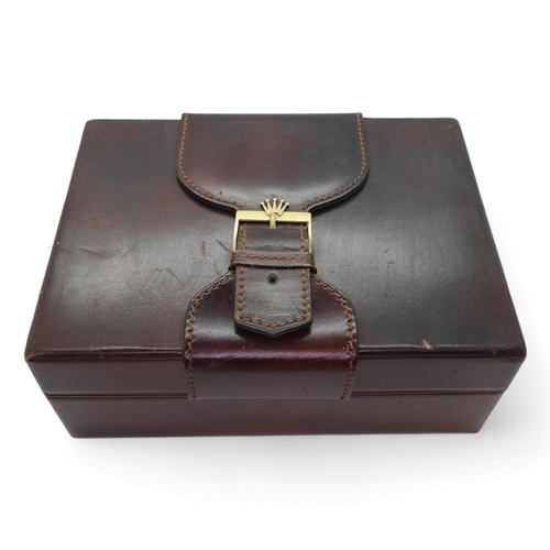 9040 - A brown leather Rolex watch box, with gold coloured buckle, wood clad interior , stamped Creation Ge... 