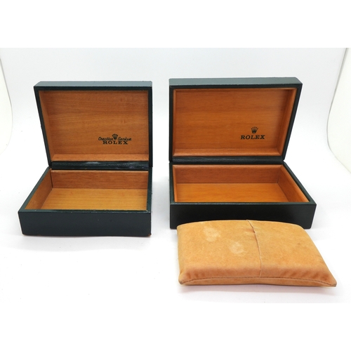 9042 - Four watch boxes signed Rolex. A green leatherette box, top stitched, with Rolex crown logo in gold ... 