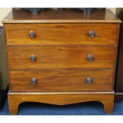 11 - A 19th century stained pine three drawer chest with turned handles on bracket feet, 98cm high x 106c... 