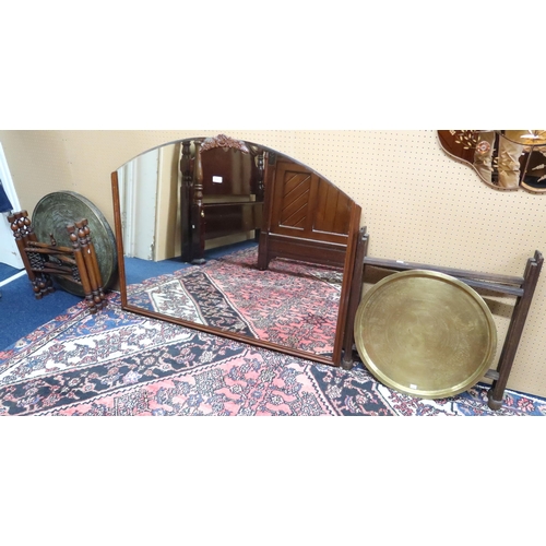 120 - A lot comprising a mid 20th century overmantle mirror and two assorted brass top folding occasional ... 