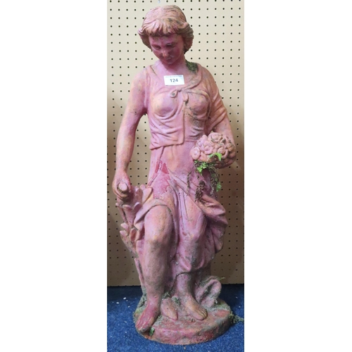 124 - A late 19th/early 20th century cast iron garden statue of a maiden carrying flowers, 64cm high