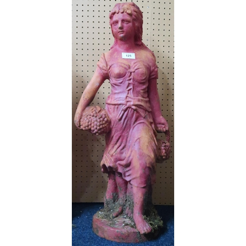 125 - A late 19th/early 20th century cast iron garden statue of a maiden carrying baskets of grapes, 67cm ... 