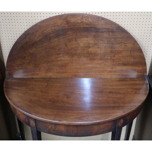 14 - A 19th century mahogany demi lune fold-over tea table on square tapering supports, 74cm high x 98cm ... 