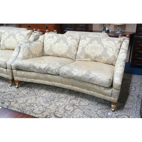 18 - A pair of contemporary gilt Damask upholstered Duresta drop end two seater settees, 87cm high x 183c... 