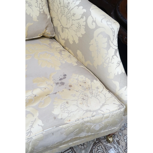 18 - A pair of contemporary gilt Damask upholstered Duresta drop end two seater settees, 87cm high x 183c... 