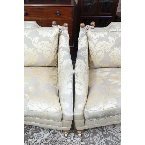 18 - A pair of contemporary gilt Damask upholstered Duresta drop end two seater settees, 87cm high x 183c... 