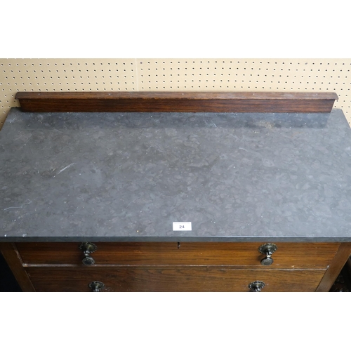 24 - A 20th century oak two drawer marble topped wash stand, 78cm high x 91cm wide x 43cm deep