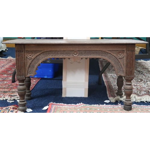 3 - A 19th century oak Gothic style window seat/stool with turned supports joined by carved shaped friez... 