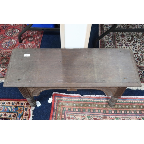 3 - A 19th century oak Gothic style window seat/stool with turned supports joined by carved shaped friez... 